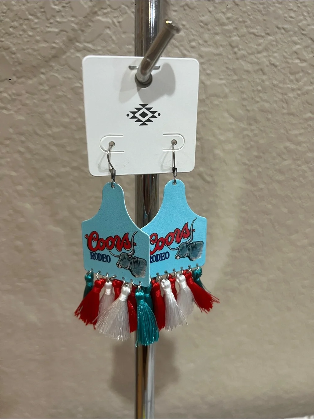 Ear tag Blue 'Coors Rodeo' Tassel Earrings - rodeo Accessories lightweight metal